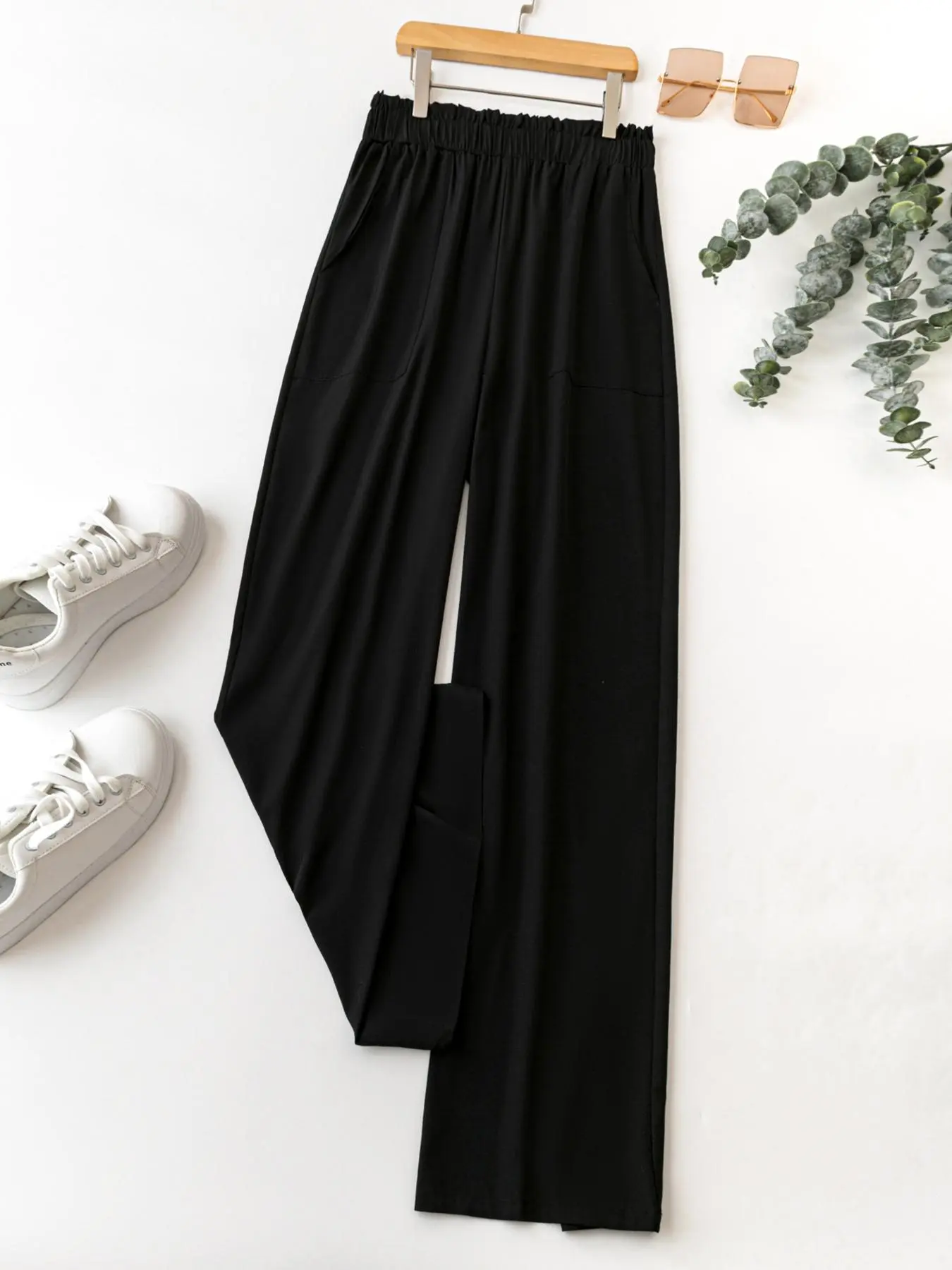 Plus Size Solid Pocket Elastic Waist Quick Drying Wide Leg Pants, Casual Comfy Cooling Trousers for Daily Outdoor Wear, Women Plus Clothing for All Seasons