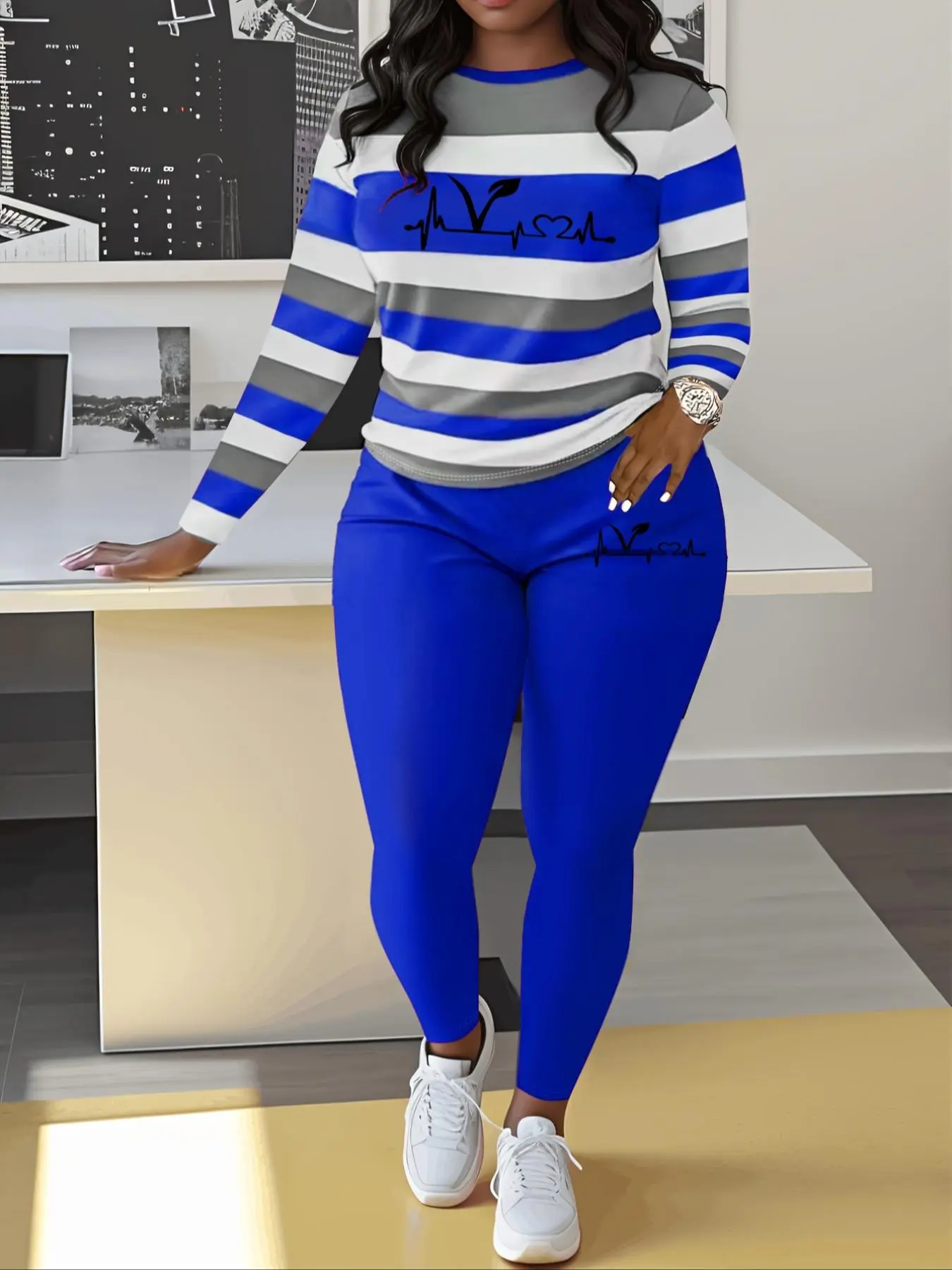 Women's Striped Letter Print Long Sleeve Tee & Elastic Waist Pants Two-piece Set, Casual Round Neck Top & Skinny Pants for Spring & Fall, Women's Clothes for Daily Wear