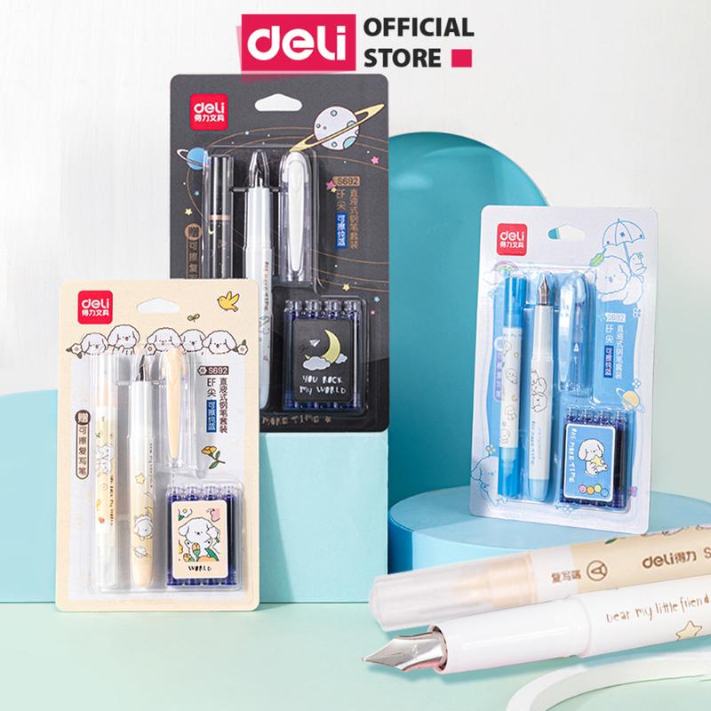 Bộ bút máy học sinh kèm ống mực xanh cao cấp tẩy được Deli, bút luyện viết chữ đẹp, họa tiết dễ thương có bút tẩy mực