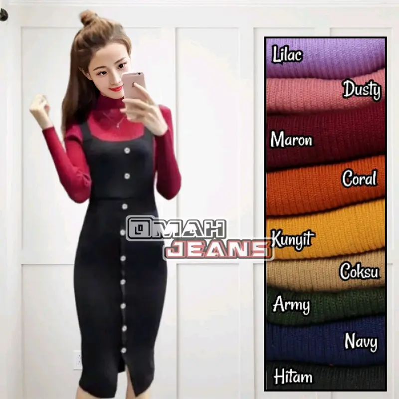 Overalls rok rajut  variasi kancing depan Gaun casual santai elegan oversize Wanita panjang sekitar lutut Brown 1