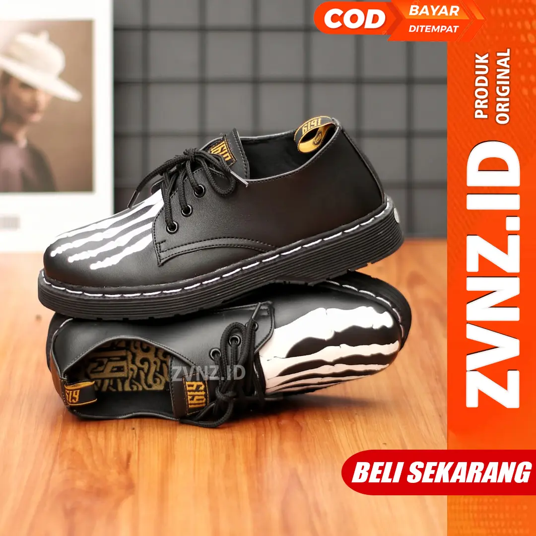 ZVN Ramo Black Sepatu Docmart Skull Low Boots Hitam Kerja Casual Shoes ...