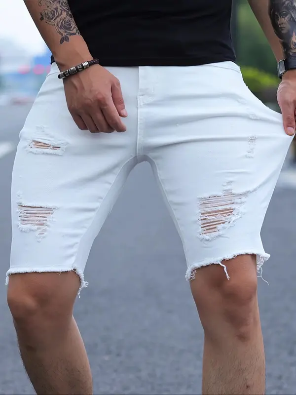 Men's American Retro Style Solid Color Distressed Ripped Denim Shorts, Street Fashion Casual Comfy Pocket Denim Shorts for Summer, Trendy Men's Bottoms for Daily Wear 3