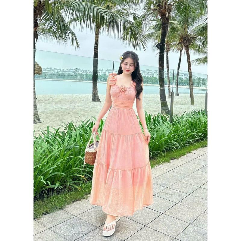 Đầm nữ thời trang thiết kế chất tằm gẫy có lót đầm dài xòe áo dây nơ đính hoa xinh , dịu dàng nữ tính 2