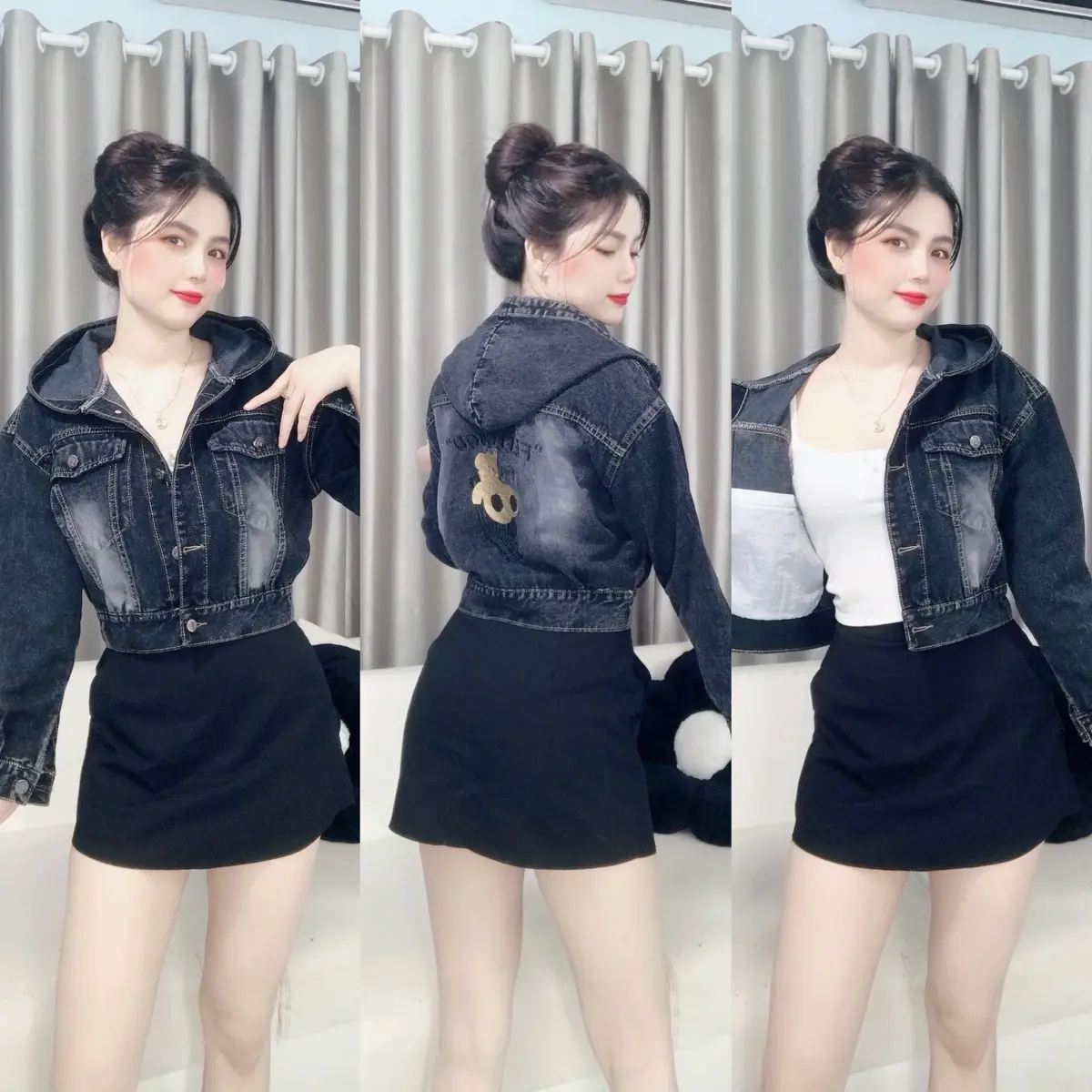 Áo khoác jean nữ CÓ NÓN dáng Croptop THÊU GẤU có túi trong (Jacket Women Top) Jackets & Coats Nút áo  khoác bò Nhung