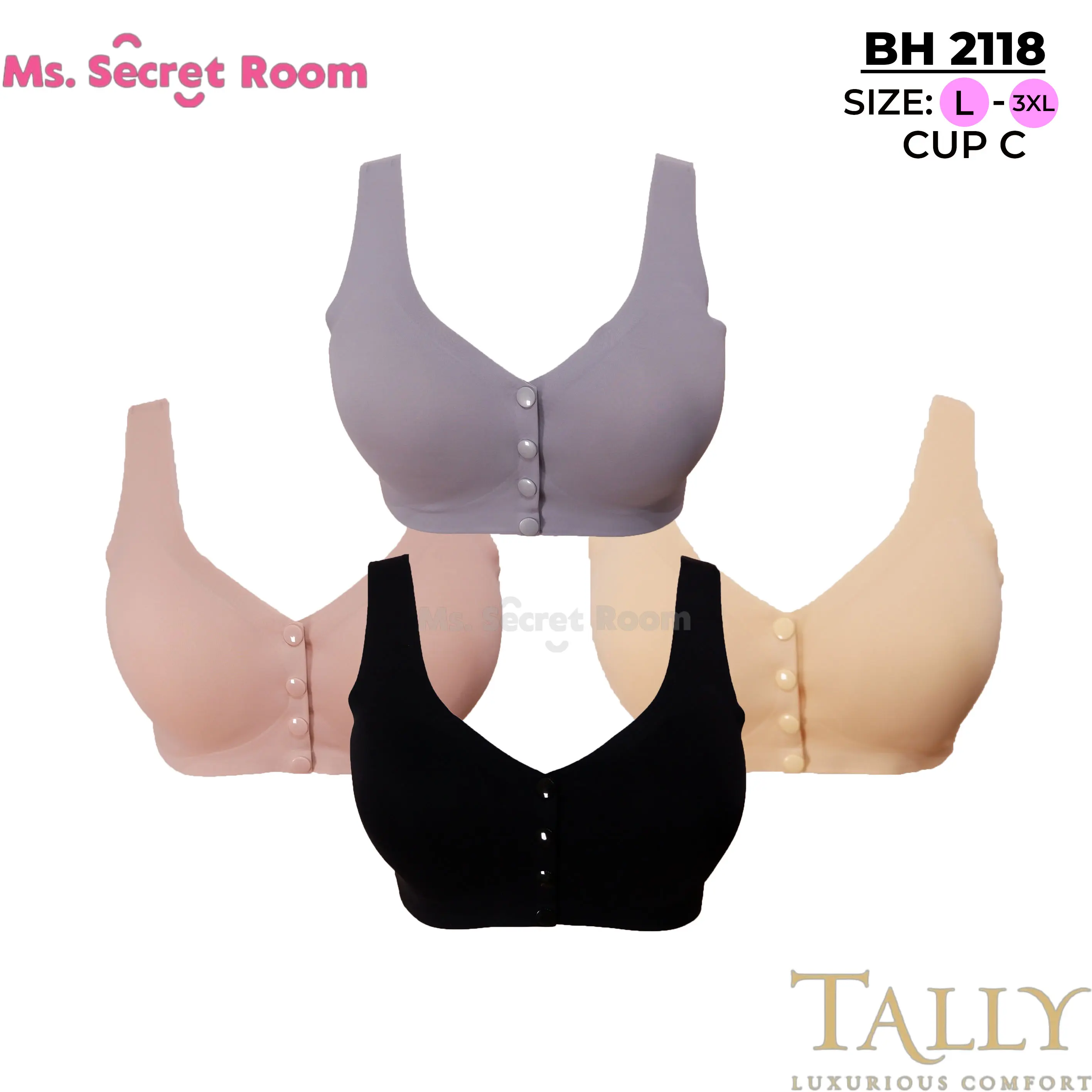 Tally Bra 2118 Bh Kancing Depan | Tanpa Kawat | Cup C | Busa Sedang | Kancing 4 | Full Cup | Bahan Nilon Seamless
