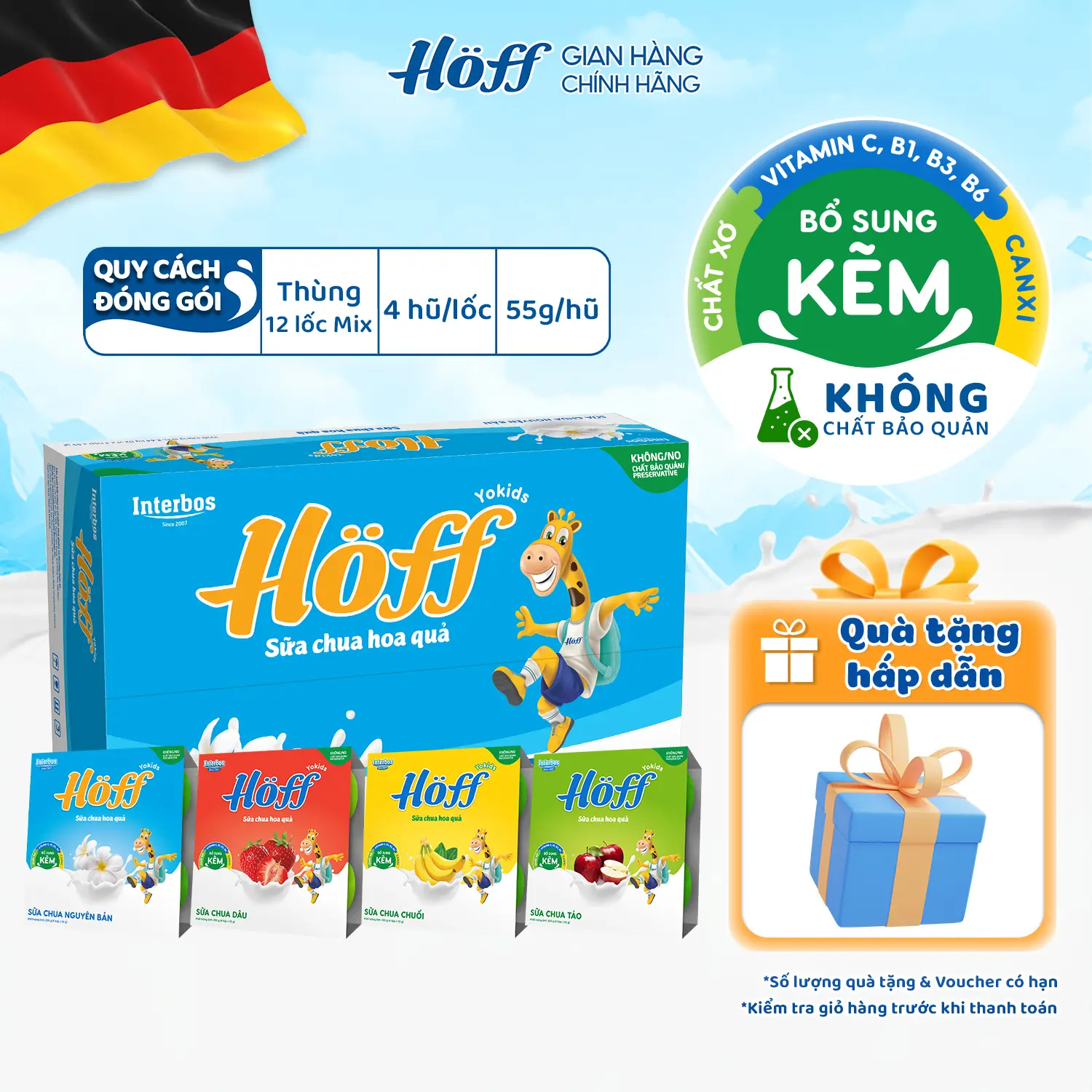 [1] Sữa chua cho bé ăn dặm mix 4 vị Hoff bổ sung dinh dưỡng canxi kẽm vitamin B1 B2 B3 B6 chất xơ, Men Vi Sinh hỗ trợ hệ tiêu hóa thùng 12 lốc (48 hộp x 55g) - LIVE