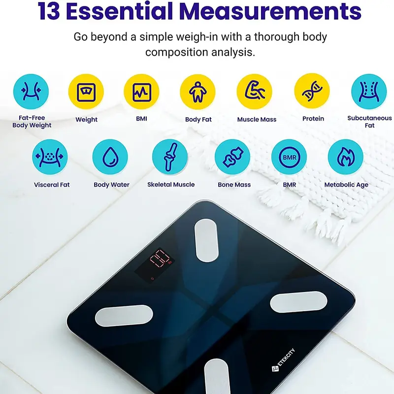 Etekcity Bluetooth Body Fat Scale, Personal Scale, Smart Digital Scale, Body Analysis Scales with Intelligent App for Body Weight, Fat, BMI, Muscle Mass, 28St/180kg/400Lb, Black Healthcare Weight Scale,Fitness Equipment for Home Use 2