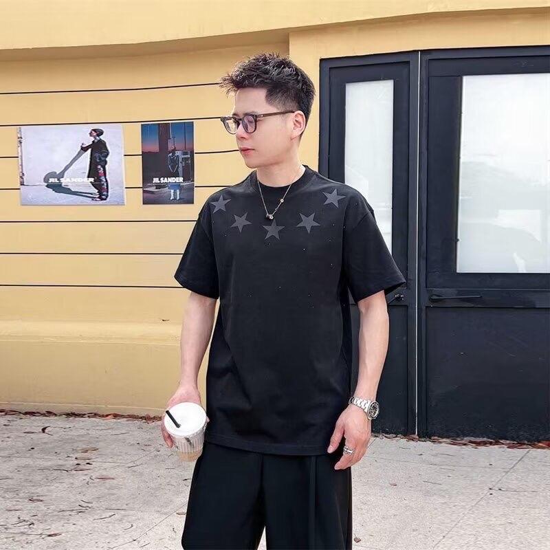 Áo phông cộc tay khảm Đá thêu sao Unisex Cổ Tròn Nam nữ Menswear 7