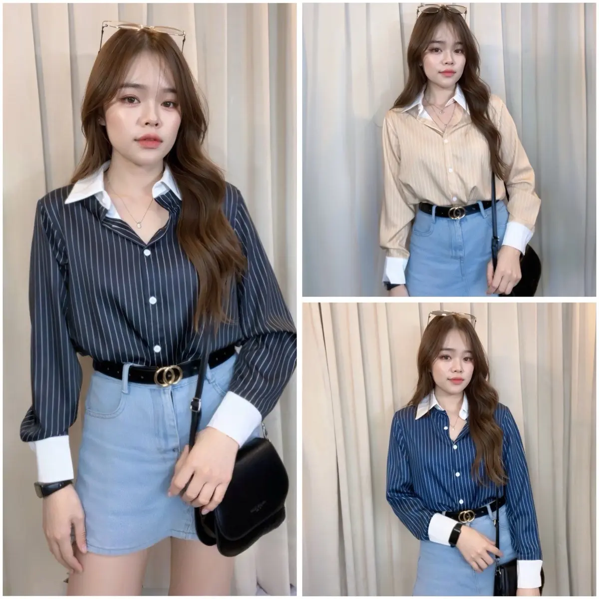 D017 เสื้อแฟชั่นผ้าซาตินพรีเมี่ยม ลายริ้ว งานผ้าพริ้วใส่สบายไม่ร้อน มี 4 สี Clothing Women (ส่งจากไทย)​