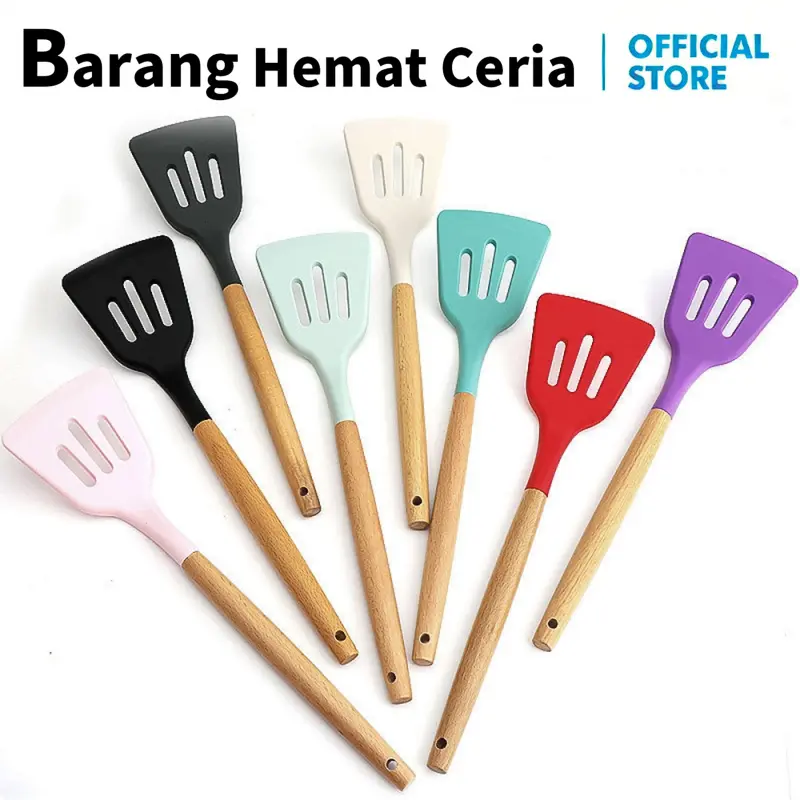 Spatula Silikon H1019 Alat Masak Sodet Lubang Penyaring Minyak Tahan Panas Perlengkapan Dapur Tumis Goreng Slotted Silicone Turner Warna Warni