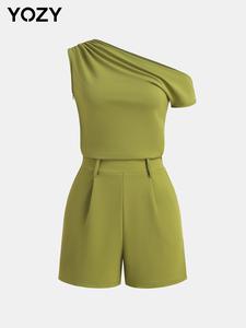 YOZY Women's Solid Color Asymmetrical Neck Romper, Casual Fashion Cozy Romper for Daily Outdoor Wear, Women Romper for Summer