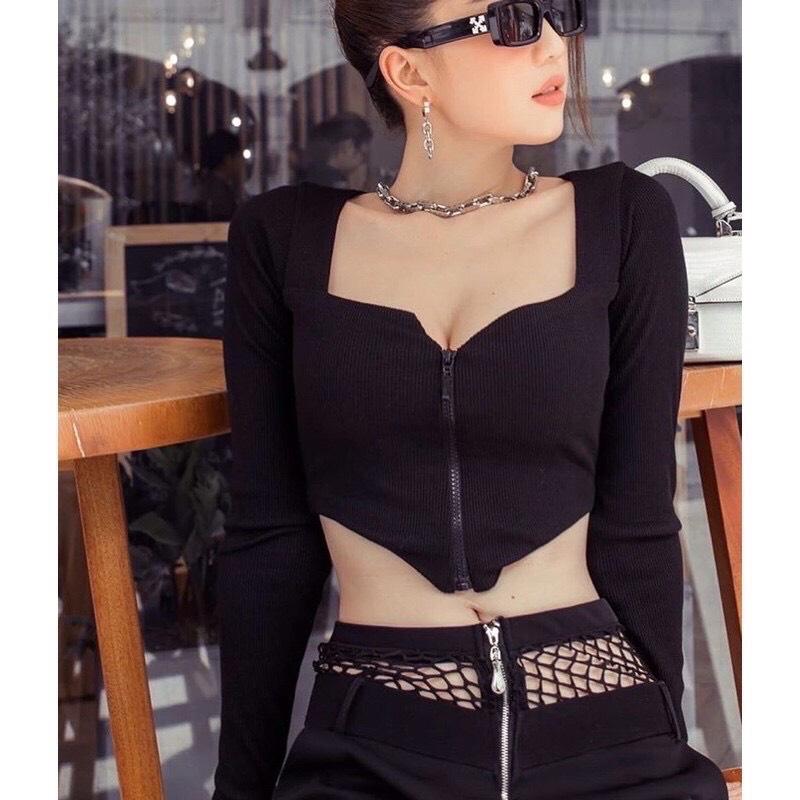 Áo thun nữ, áo croptop cổ vuông phối khóa kéo ngọc trinh