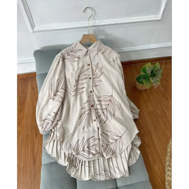 MAY - Munna Blouse Plisket Motif | Atasan Kemeja Motif Wanita Terbaru | Blouse Wanita Jumbo Baju Panjang 2