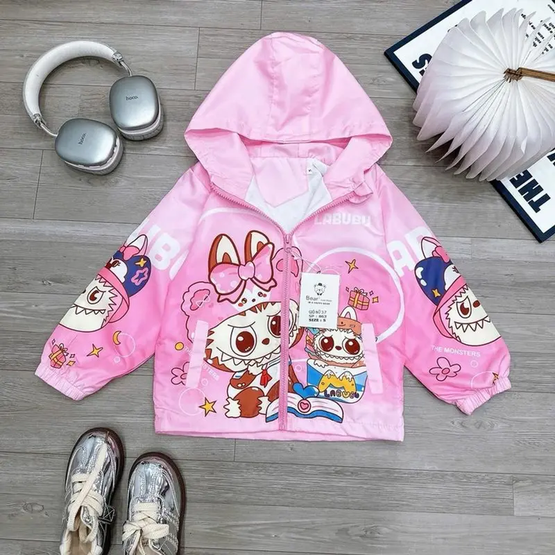 Áo Gió 2 Lớp Cho Bé Gái Labubu Thông Hơi Và Lót Nỉ In Hình Hoạ Tiết Dễ Thương Size 13-23Kg Mềm Mịn Áp Áp Chống Nước Cản Gió áo khoác lót lông 4