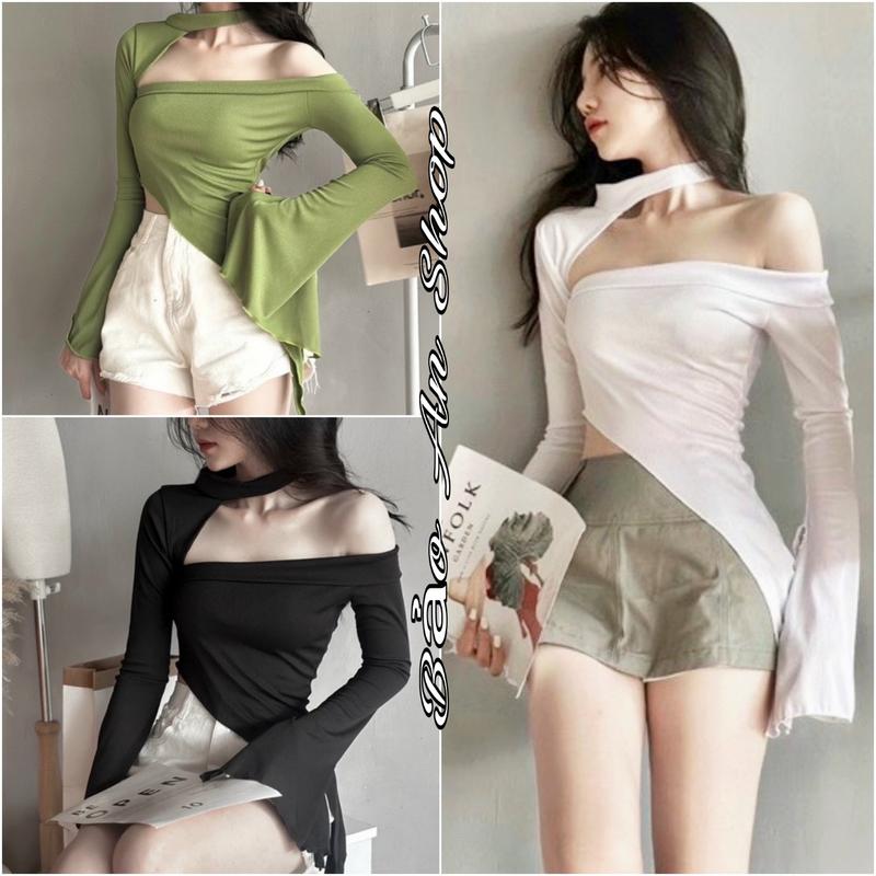 [ A-122 ] Áo kiểu nữ tà xéo nhọn 1 bên khoét vai phối tay kiểu cá tính năng động chất vải thun gân len 4 chiều Free Size