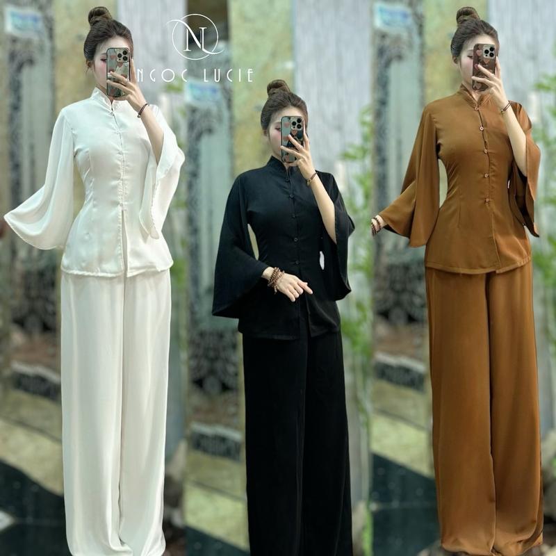 L6 - Set Đồ Lam Tay Loe Dài To Đi Chùa Ngọc Lucie Nữ Áo Ống Loe Trắng