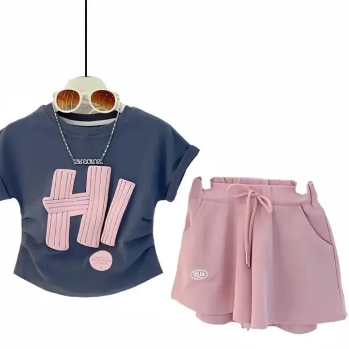 SETELAN BAJU ANAK PEREMPUAN LENGAN PENDEK MOTIF HI UNTUK 1-5 TAHUN 2