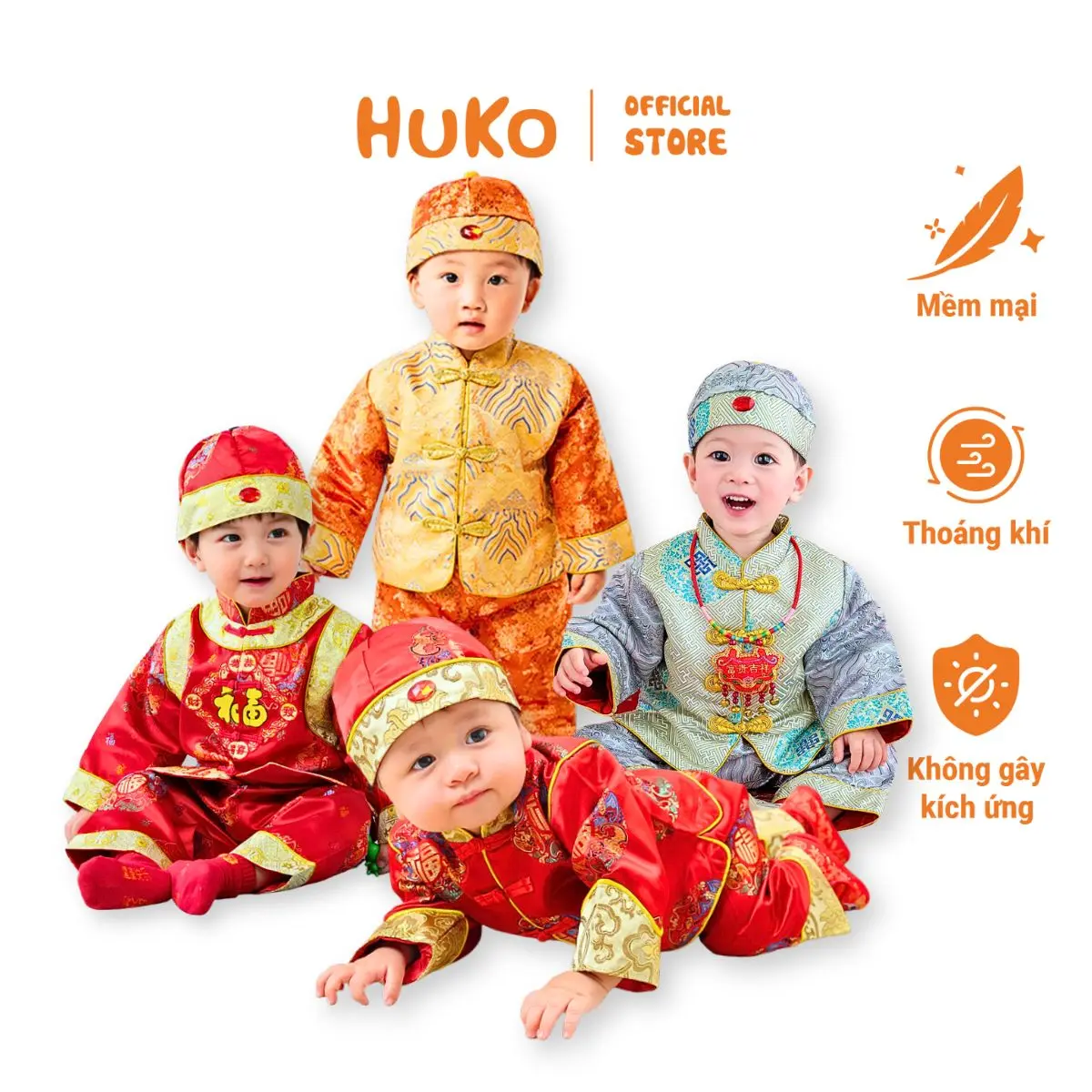 Bộ Bé Trai Dài Tay Dưới 14Kg Mới 2025 HUKO HSE182A, Set Kèm Nón Gấm Trung Hoa, Phù Hợp Dịp Lễ, Chụp Hình