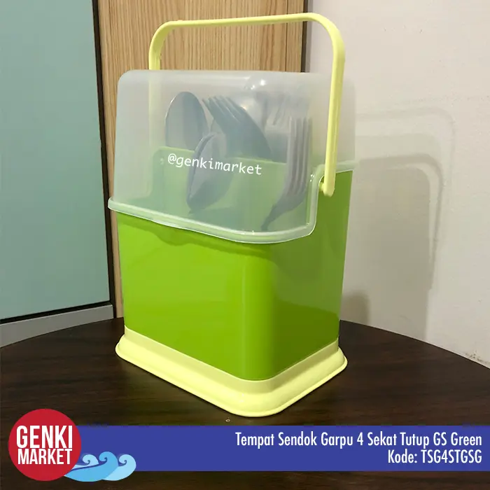 Tempat Sendok Garpu 4 Sekat Tutup GS Green Genki Market Gagang