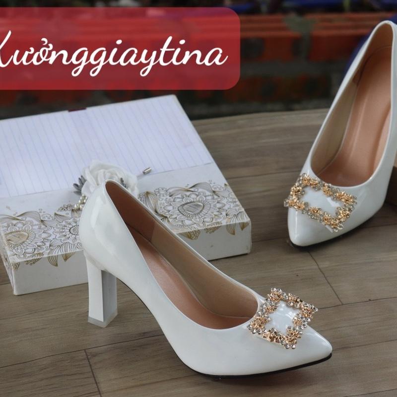  Giày cao gót da bóng 5 phân 5p đính đá màu đen kem trắng và đỏ size từ 35 đến 42 