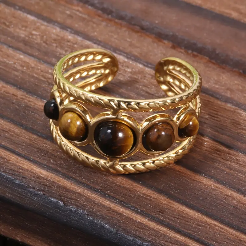 Round Hollow Ring With An Opening Adjustment Set Natural Stone Stainless Steel Golden Simple Palace Style Gift Banquet Jewelry Light Luxury Ring 7