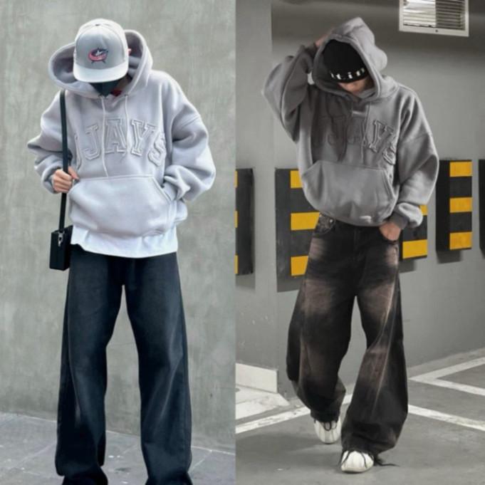 HOODIE BOXY - Áo khoác hoodie thêu đắp vải JJAYS form rộng mũ to nam nữ unisex HOT TREND 2024 hottrend Menswear Dài Tay Đen 2