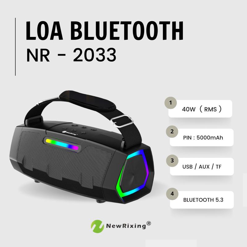 Loa bluetooth  NR-2033 công suất 40w , Pin 5000mAh . Âm thanh Hifi stereo với 3 chế độ EQ . Hỗ trợ AUX/TF/USB . Bảo hành 12 tháng lỗi 1 đổi 1 Củ Loa Nghe Nhạc