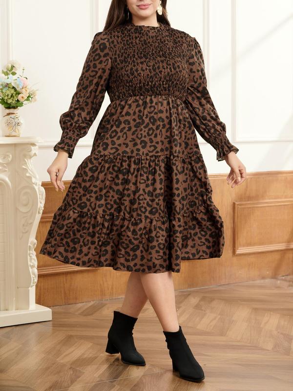 CURVZY Plus Size All Over Print Shirred Ruffle Hem Dress, Plus Casual Fashion Long Sleeve Dress for Daily Outdoor Wear, Women Plus Clothing for Spring & Fall 2