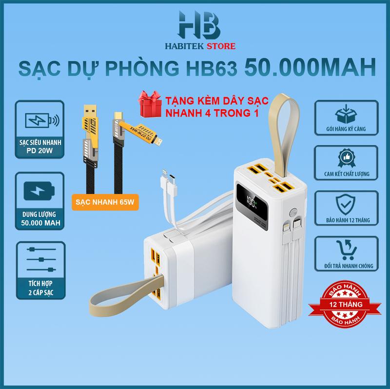 (Tặng  Dây Sạc Nhanh)  Sạc Dự Phòng HB63 50.000MAH , Tích Hợp 2 Dây Sạc , Sạc Siêu Nhanh,  Bảo Hành 6 Tháng [ Đổi trả bất kỳ lý do gì ] Phụ Kiện Điện Thoại Pin Dự Phòng Đèn