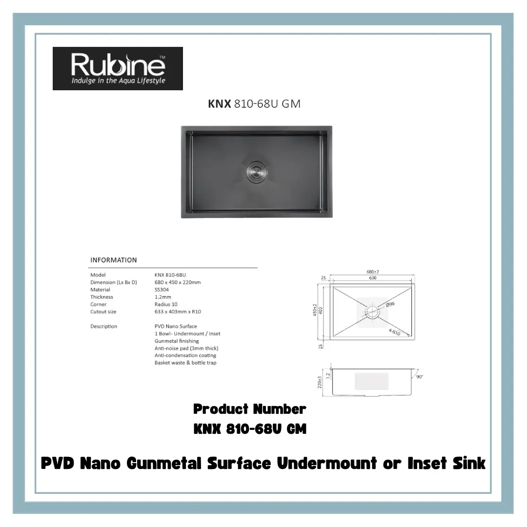 Rubine PVD Nano Coating Stainless Steel Kitchen Sink In Gunmetal 680MM