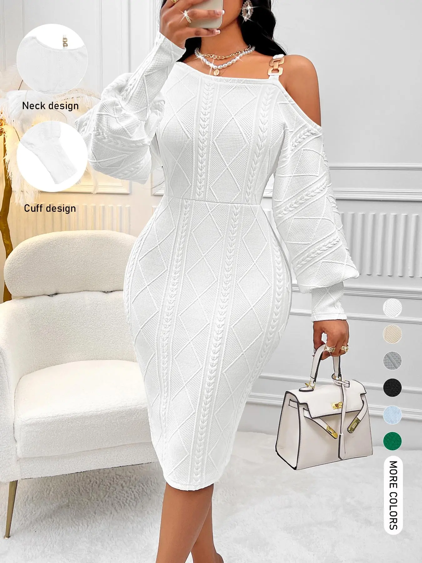 Aliling Women's Plain Jacquard Cold Shoulder Dress, Elegant Fashion Casual Dress for Party Club Dating Wear, Women Dress for Fall & Winter