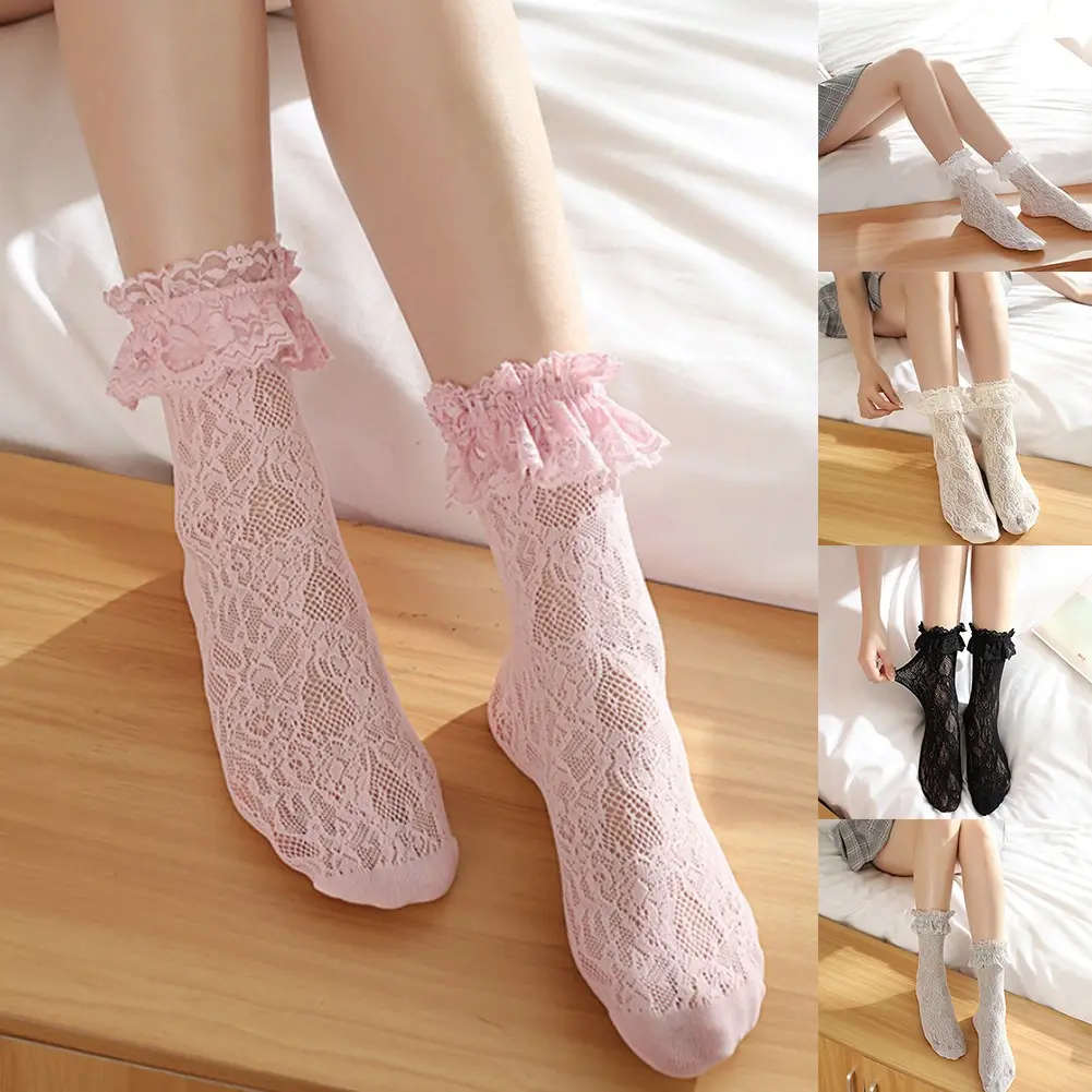 Tất Màu Nude Phong Cách Nữ Tính, Ngọt Ngào Nhật Bản, Tất Cọc, Tất Ren Ống Giữa, Dành Cho Bé Gái