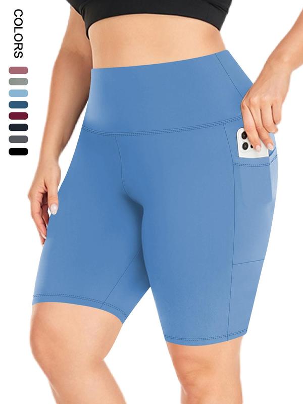 【Plus Size】 Plain High Waist Pocket Design Skinny Shorts, Casual Comfy Breathable High Stretch Seamless Shorts for Daily Outdoor Sport, Gym Wear, Shorts for Women, Workout Clothes 2