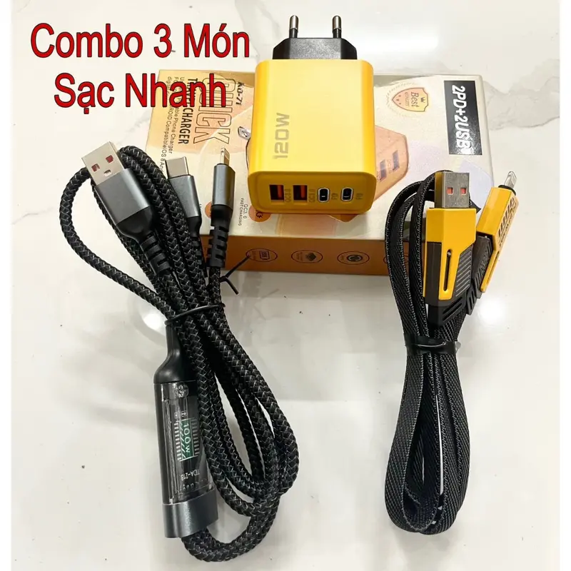 Combo 3 Sản Phẩm, Bộ Sạc Nhanh 120W, Cáp Sạc 3 Đầu 100W, Cáp Sạc 4 Đầu 4in1 Cốc sạc nhanh Sạc nhiều thiết bị 0
