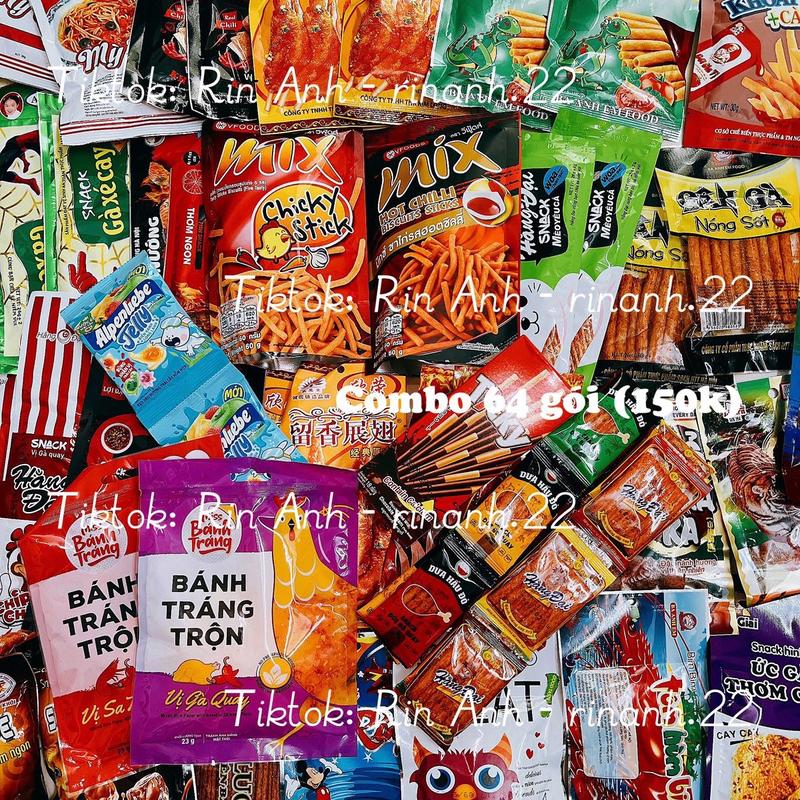 Combo 64 gói & combo 20 gói đồ ăn vặt tuổi thơ 33 gói snack + 2 bim bim mix + 12 sườn dê + 12 đùi bò quay + 2 bánh tráng trộn + 2 kẹo dẻo + 1 hộp bánh que & 13 gói snack + 2 gói sườn dê +2 gói bim tăm Thái + 2 gói đùi bò + 1 bánh tráng trộn ăn vặt