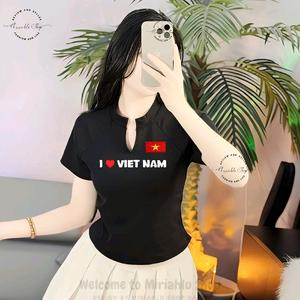 Áo Thun Lửng Nữ Cổ Trụ Chữ V In Hình Thêu Cờ Đỏ Sao Vàng I Love Viet Nam, Chất Vải Thun Borip, Voan Women Top Trắng Lịch Polo
