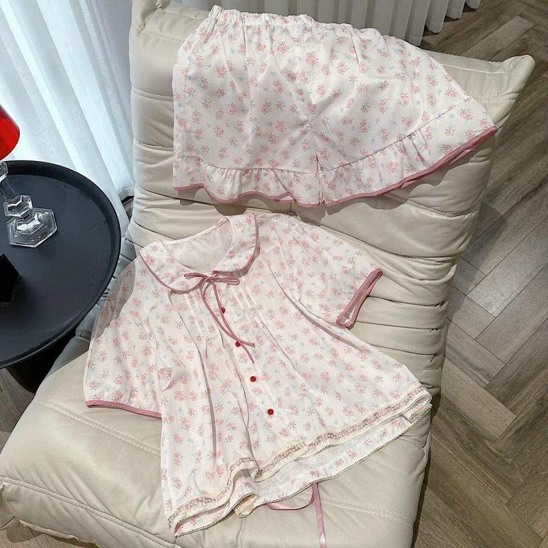HT6000f Bộ pijama tiểu thư cộc hoạ tiết hoa hồng hotgirl,đồ ngủ thô đũi bánh bèo tôn dáng HT6000f 1