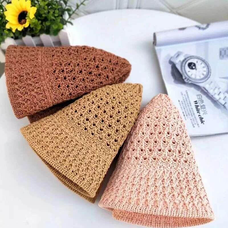 Product Introduction of Bucket Spring Summer Hollow Knitted Hat Solid Color Sunhat Fisherman Caps Casual Foldable Beach Cap 27