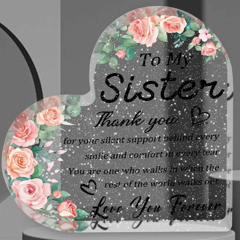 Flower & Letter Pattern Acrylic Decor Sign, Heart Shaped To My Sister Thank You Gift, Sister Friendship Plaque for Women, Desk Ornament, Memorial Gift 6