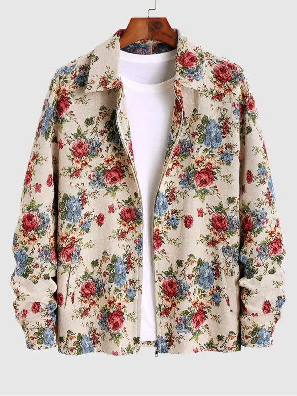 Men's Floral Print Button Zipper Jacket, Loose Casual Long Sleeve Collared Outerwear for Fall & Winter, Men's Clothes for Daily Wear 2