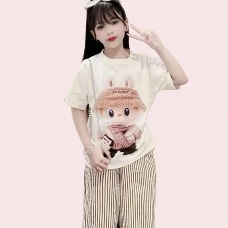 Bộ Áo Thun Quần Xuông Kẻ Sọc Họa Tiết Labubu Dành Cho Bé Gái Từ 13-44kg Chất Liệu Thoáng Mát, Mền Mịn Set Đồ 1