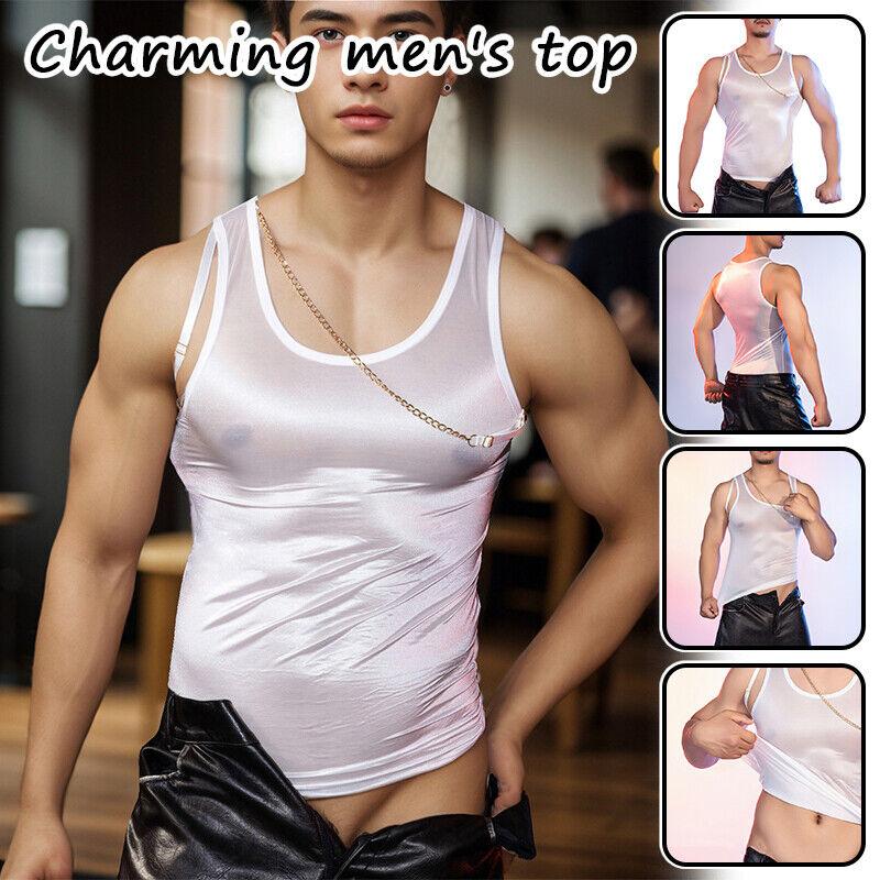 Men Tight Metal Chain Tank Top Silky Fitness Slim Top See Through Workout Vest 0