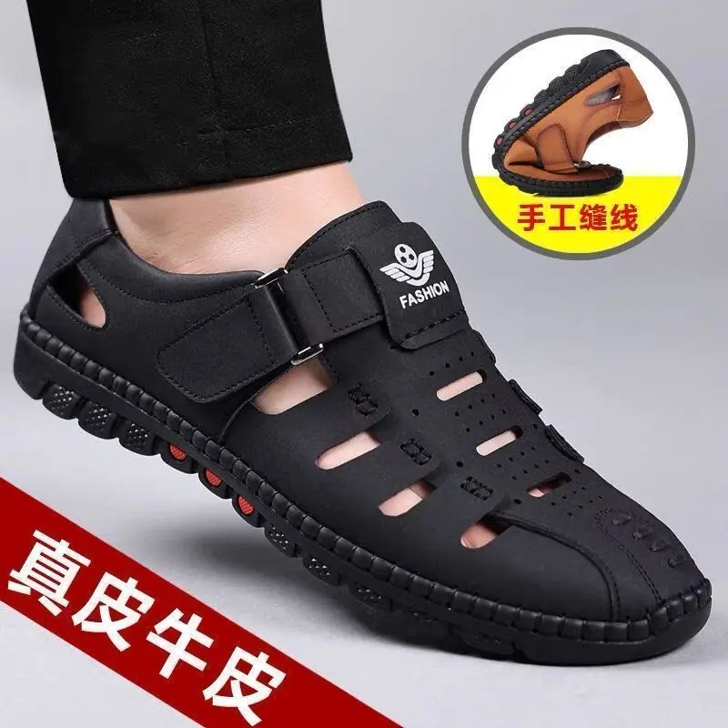 Dép Nam, Da Bò Thật, Da Thật, Thiết Kế Khoét Lỗ Thoáng Khí, Phong Cách Thường Ngày Đế Mềm, Chống Trượt, Có Lỗ, Thích Hợp Cho Trang Phục Thường Ngày