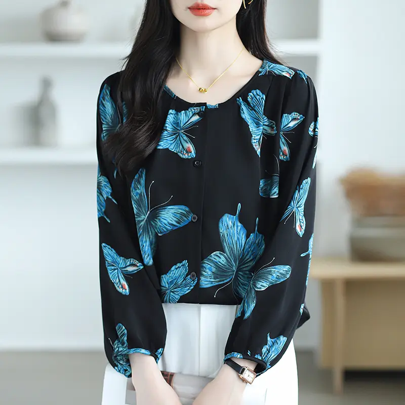 Áo Voan Cổ Tròn, Dành Cho Nữ, In Hình Bướm, Phong Cách Hồi Giáo, Áo Dài Tay, Hàng Mới Về 3