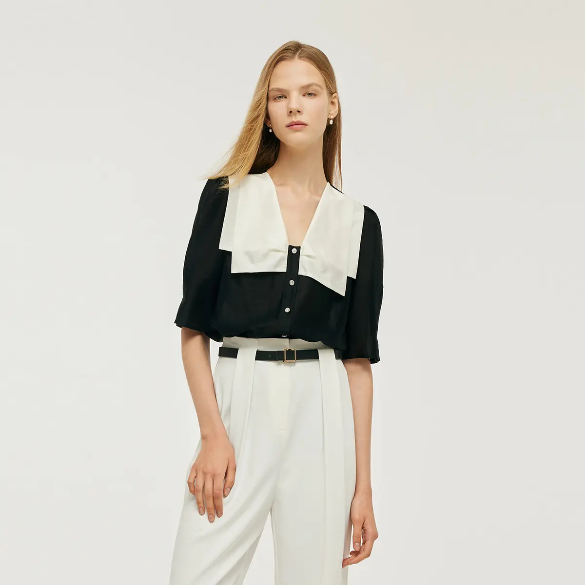 Tencel Patchwork Lapel Women Shirt