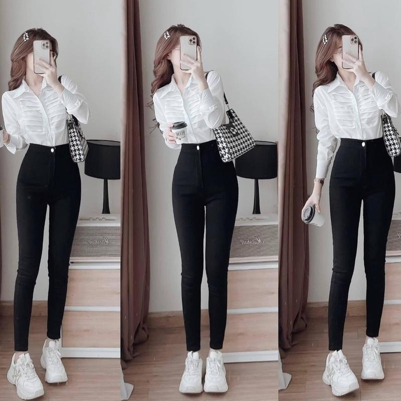 Quần legging nữ dài khóa kéo 1 khuy 4 túi chất vải Umi co giãn kiểu Quần tregging nữ lưng cao đi học sinh dáng ống bó ôm mặc làm công sở Denim Kem Ong Women Ong Women