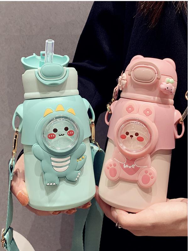Bình Nước Giữ Nhiệt 520ml Inox 316 Hoạ tiết Hình Gấu, Bình đựnġ Nước Bé Trai, Bé Gái có Dây Đeo Kem Silicone Tập Uống binh giu nhiet