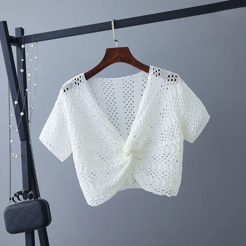 Đồ Len ngắn Tay Áo, Dành Cho Phụ Nữ, Thiết Kế khoét Cổ Chữ V, Dáng Rộng Vừa Vặn, Áo Mùa Hè, Chất Liệu Mỏng, Áo Cánh Dơi, Phong Cách Thường Ngày Màu Trơn Women Top