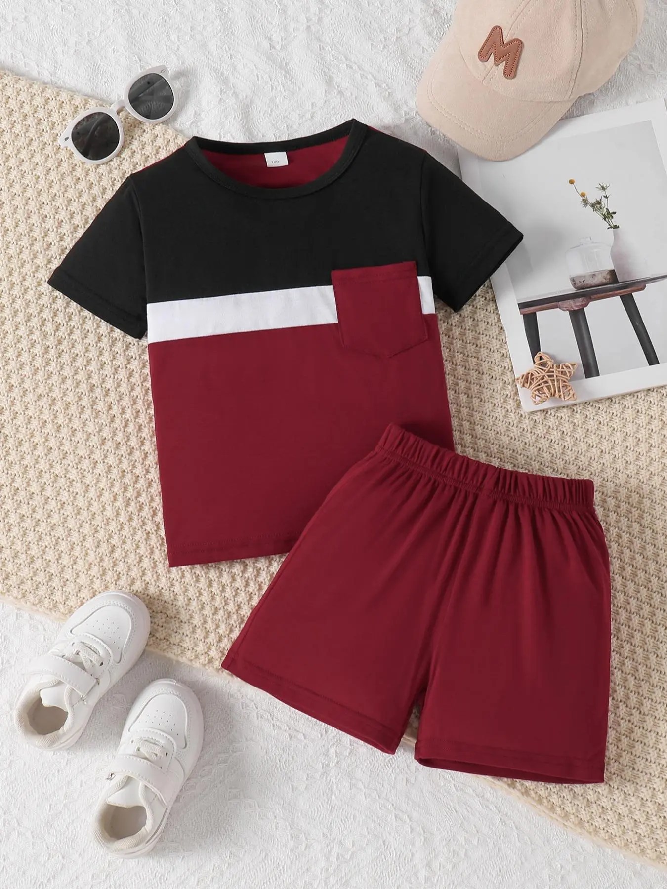 Two-piece Set Boy's Colorblock Short Sleeve Tee & Shorts Set, Casual Summer Clothes for Kids, Kids Clothing for Daily Wear, Boys' Outfit