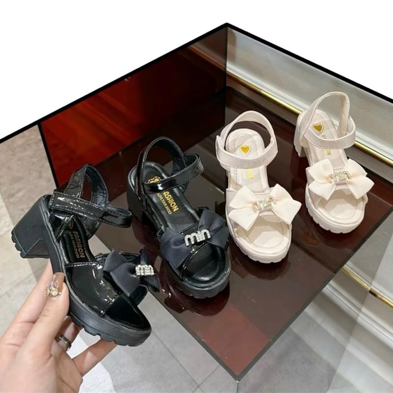 Cao Gót ( Tăng 2 size Phom Nhỏ ) Nơ Dành Cho Bé Gái 26-37 Đế cao 3cm Da Bóng Mềm Sandal Dép Sandal Cao Su đôi guốc giày trẻ em